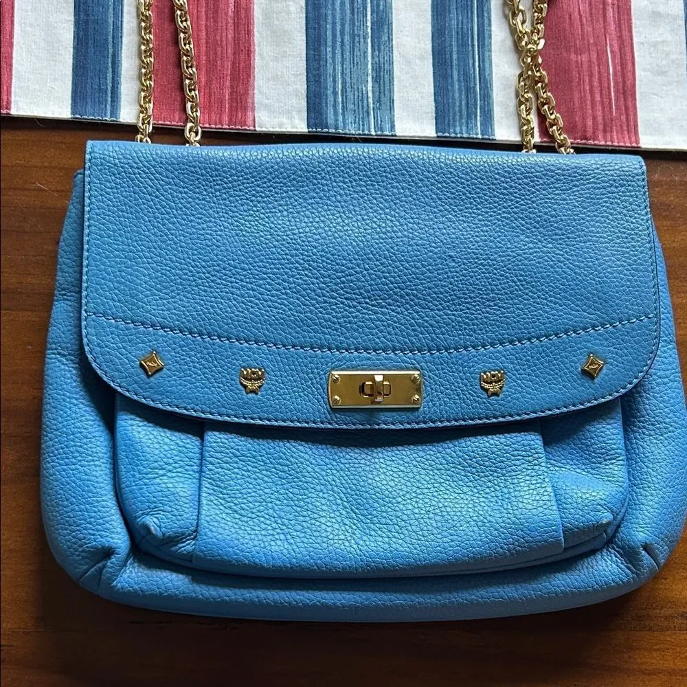 MCM Sky Blue Leather Shoulder Bag with Gold Chain impeccable